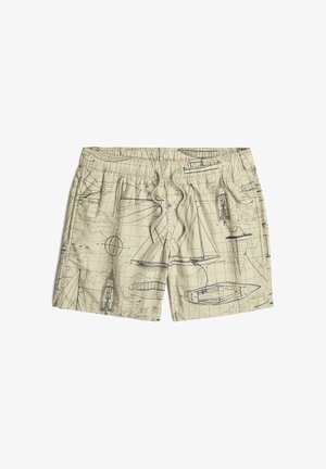 Beige Badeshorts mit schwarzen nautischen Karten- und Segelboot-Linienzeichnungen, elastischem Bund und weißem Kordelzug.