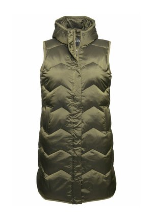 Olijfgroene mouwloze puffer vest met capuchon, voorzien van een chevron-quiltpatroon, voorritssluiting en zakken aan de zijkanten. Glad, glanzend materiaal.