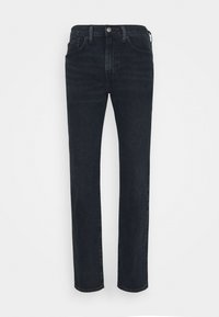 Svarta denim raka jeans med knappstängning, bältesöglor och fickor, visade liggande på en vit bakgrund.