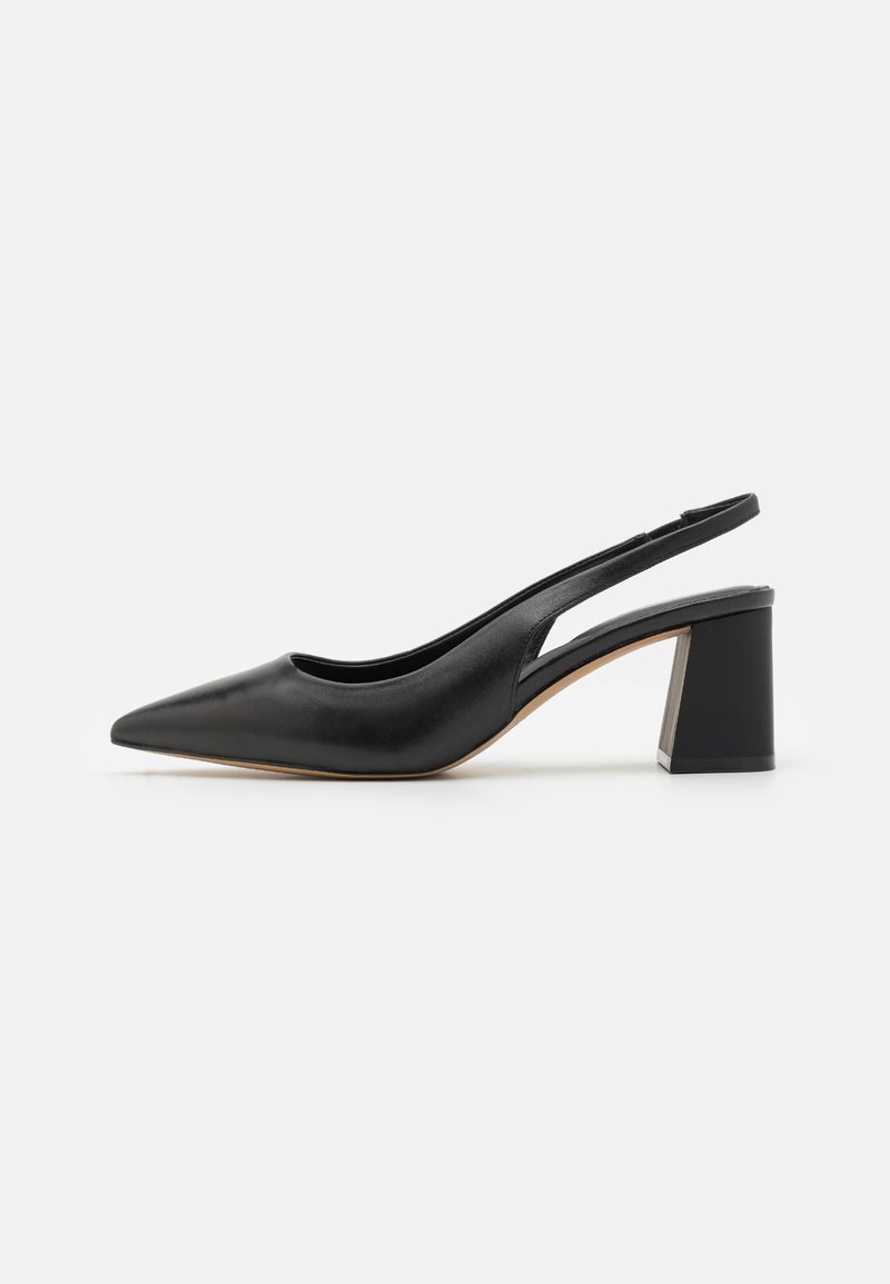 Black leather slingback pump with a pointed toe and a block heel. The upper features a smooth texture and cutout detailing on the sides.
