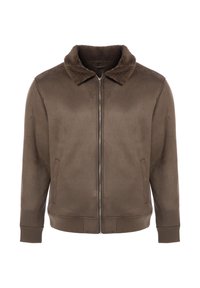 Bruine jas met een zachte, gestructureerde kraag, ritssluiting en geribbelde manchetten. Voorzien van zijzakken en een gladde buitenafwerking.