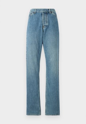 Light blue denim jeans with a straight-leg design, five-pocket styling, and a visible waistband. The texture is slightly worn but intact.