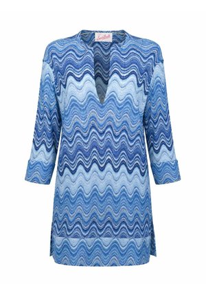 Tunique à manches longues avec motif ondulé en zigzag bleu, bleu marine et bleu clair et col en V.