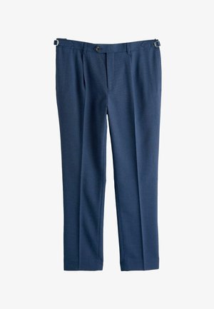 Navy blue tailored trousers with side adjuster straps, front button, zip closure, and crease down each leg.