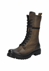 Bottes en cuir brun hauteur genou avec un design en dentelle noire, bout rond, finition texturée et semelle en caoutchouc. Présente un tirant à l'arrière.