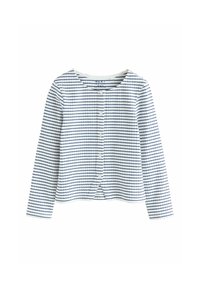 Top de manga larga a rayas en blanco con líneas horizontales en azul marino. Presenta un cuello redondeado, cierre de botones y un dobladillo ligeramente curvado.