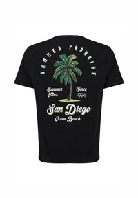 Czarna koszulka z zieloną palmą oraz napisami: "Letnie Raj", "Letnie Wibracje", "Od 1994", "San Diego" i "Ocean Beach".