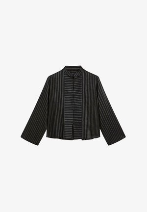 Black shirt jacket with vertical white stripes, mandarin collar, long sleeves, and front button closure. Made from lightweight fabric.