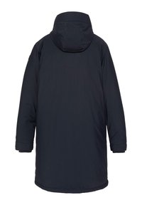 Mørkeblå, mellemlang parka medhætte, der har en glat tekstur og lige snit. Ingen synlige lukninger på ryggen.