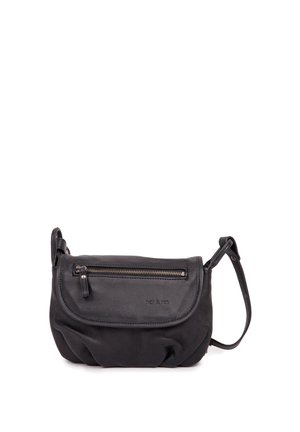 Zwarte lederen crossbody tas met voorvak met ritssluiting, klep met sluiting en verstelbare band, met het merk "net & nin" op de klep.