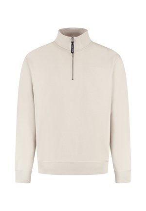 Helle beige, langärmlige Pullover mit einem Reißverschlusskragen, gerippten Bündchen und Saum; weicher Stoff mit einem minimalistischen Logodetail auf der Brust.