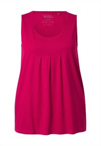 Fuchsia ärmelloses Top mit rundem Halsausschnitt und gefältelten Details an der Vorderseite, aus weichem, leichtem Stoff gefertigt.