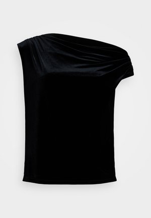 Svart asymmetrisk topp laget av myk fløyel. Har design med én skulder og drapert effekt, kort lengde og jevn tekstur.