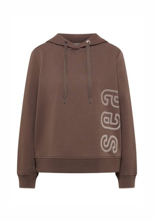 Felpa marrone con cappuccio e coulisse, con la scritta "Seventy" stampata verticalmente sul lato destro sopra l'orlo e i polsini a coste.