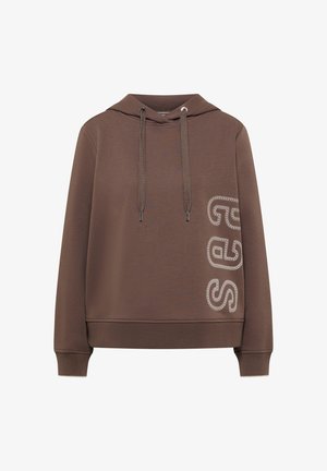 Braunes Kapuzen-Sweatshirt mit Kordelzug und vertikalem "Seventy"-Schriftzug auf der rechten Seite oberhalb des gerippten Saums und der Bündchen.