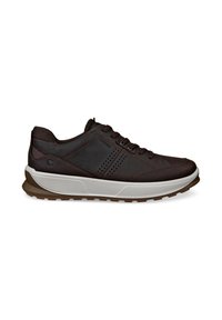 Dark brown leather sneaker with perforated side stripes, brown laces, white midsole, and textured brown rubber outsole.