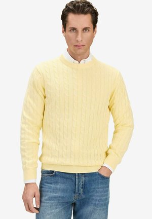 Man i en blekgul kabelstickad tröja över en vit skjorta med blå jeans, stående med ena handen i fickan mot en enfärgad bakgrund.