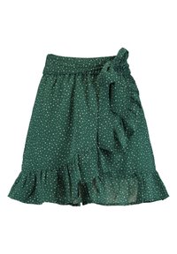 Zelená sukně s puntíky vyrobená z lehkého materiálu, s volánkovým lemem, bočním zavazováním a nařasenými detaily v pase.