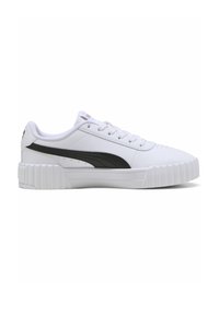 Adidași albi cu un logo negru Puma, din material din piele, talpă plată, vârf rotund și detalii cu textură pe talpă cu nervuri. Încălțați cu șase găurele pentru șireturi.