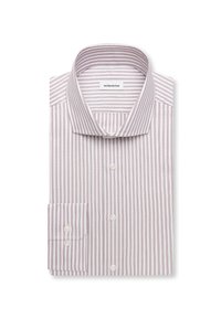 Chemise habillée à manches longues pour homme avec fines rayures verticales bordeaux sur fond blanc, devant boutonné et col ouvert, pliée soigneusement.
