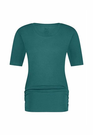 Kurzärmeliges, türkisfarbenes Tunika-Oberteil mit rundem Ausschnitt und gerafften Details an der Taille, gefertigt aus einem glatten, elastischen Stoff.