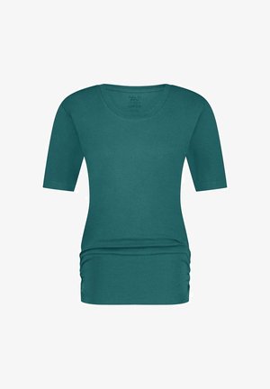 Lyhythihainen, sinivihreä tunikamallinen paita, jossa pyöreä pääntie ja vyötäröllä rypytys, valmistettu sileästä, joustavasta kankaasta.