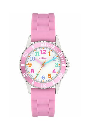 Montre pour enfants avec bracelet en silicone rose, cadran blanc, chiffres multicolores, et aiguilles des heures et des minutes roses et bleues.