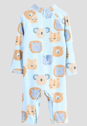 Light blue long-sleeve onesie featuring a ribbed texture and playful animal faces, including koalas and lions, in soft orange and gray hues.