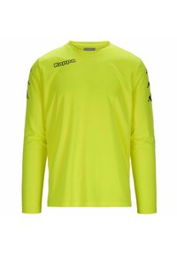 Langarmshirt in fel neon geel, gemaakt van lichtgewicht stof. Bevat bedrukte logo's op de borst en mouwen in zwart. Gladde textuur.