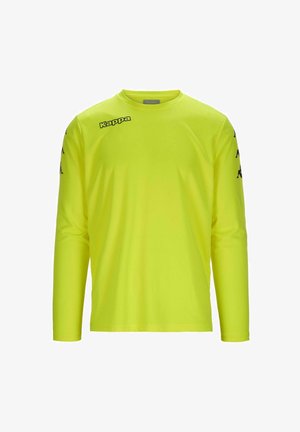 Langarmshirt in fel neon geel, gemaakt van lichtgewicht stof. Bevat bedrukte logo's op de borst en mouwen in zwart. Gladde textuur.