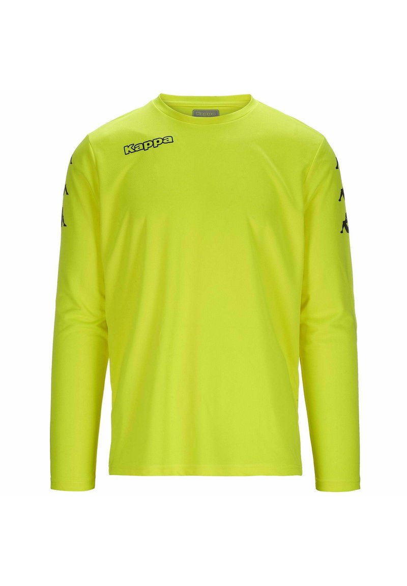 Langarmshirt in fel neon geel, gemaakt van lichtgewicht stof. Bevat bedrukte logo's op de borst en mouwen in zwart. Gladde textuur.