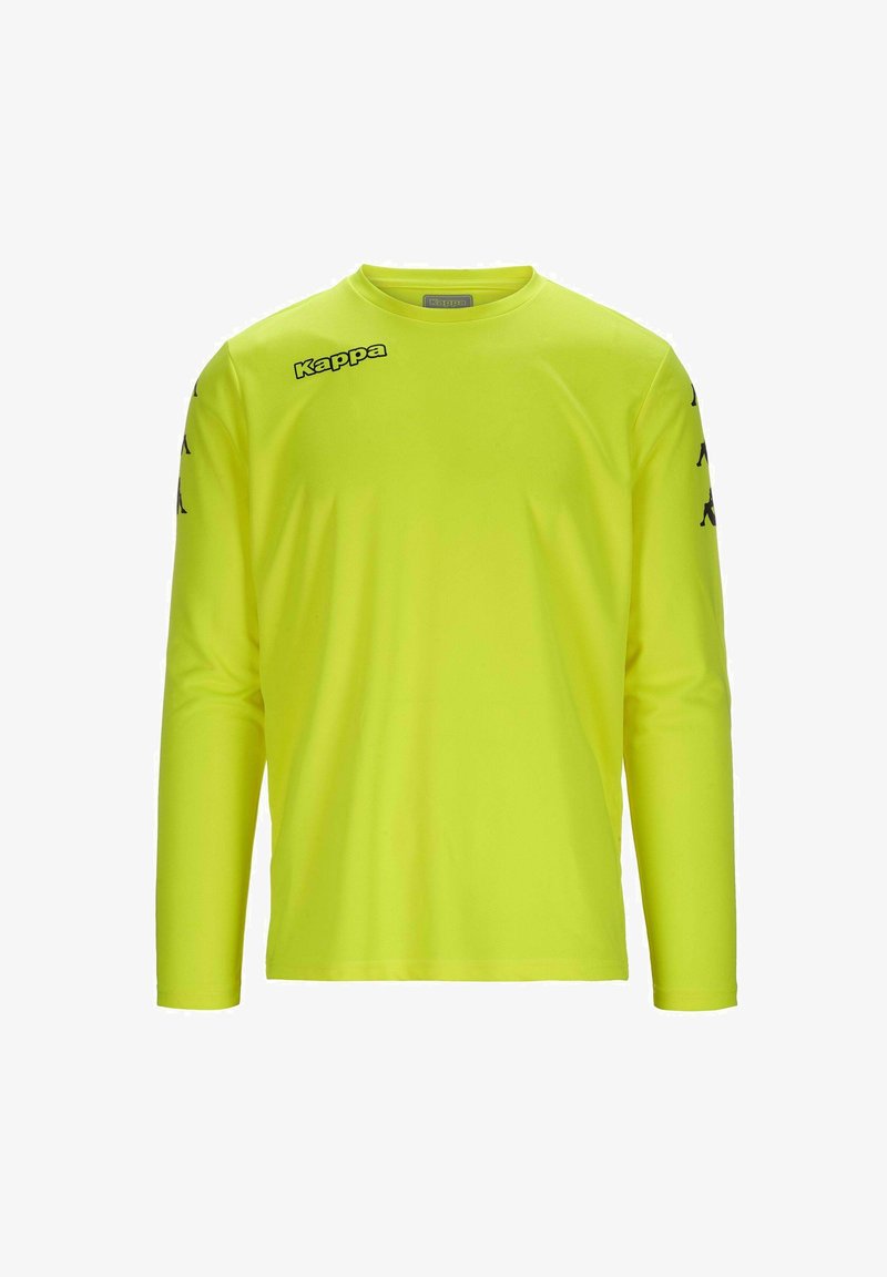 Langarmshirt in fel neon geel, gemaakt van lichtgewicht stof. Bevat bedrukte logo's op de borst en mouwen in zwart. Gladde textuur.