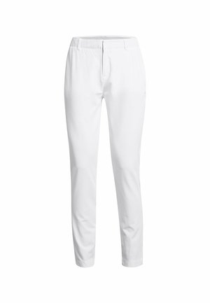 White tapered trousers made from a smooth fabric. Features a flat front, belt loops, and a clean waistband design. No pockets visible.
