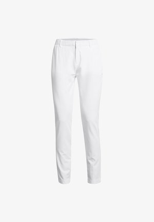 Hvide tapered bukser lavet af et glat stof. Har en flad front, bælteløkker og et rent design på taljen. Ingen lommer synlige.