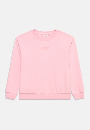 Light pink long-sleeve crewneck sweatshirt with ribbed cuffs, hem, and subtle "Little Strawberry Sweetness" text on the chest.