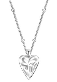 Sudraba ķēde ar kaklarotu, kurai ir sirds formas piekariņš ar gludu virsmu, gludiem kontūriem un pērlēm rotātām saiknēm, lai piešķirtu tekstūru.