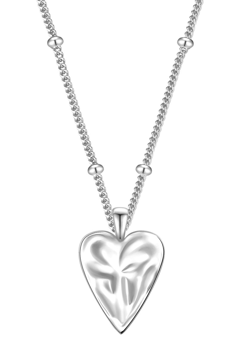 Sudraba ķēde ar kaklarotu, kurai ir sirds formas piekariņš ar gludu virsmu, gludiem kontūriem un pērlēm rotātām saiknēm, lai piešķirtu tekstūru.