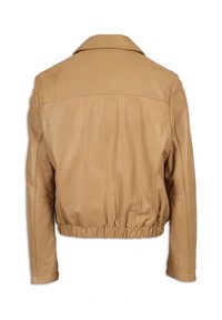 Hellbraune Lederjacke mit langen Ärmeln, elastischem Bund und klassischem Kragen, von hinten auf weißem Hintergrund gezeigt.