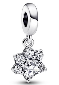 Sterling Silber Charm mit einem Blumendesign, verziert mit fünf runden klaren Zirkonia und einem größeren zentralen Stein, polierte Oberfläche.