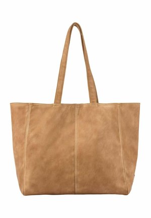 Große hellbraune Leder-Umhängetasche mit doppelten Schulterriemen und sichtbaren vertikalen Nähten auf der Frontseite.