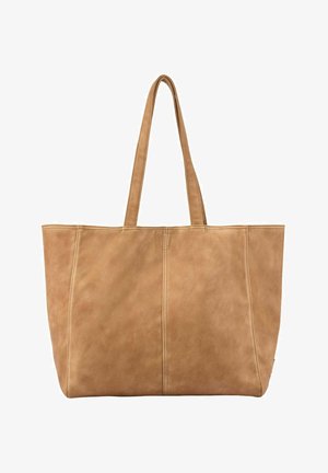 Große hellbraune Leder-Umhängetasche mit doppelten Schulterriemen und sichtbaren vertikalen Nähten auf der Frontseite.