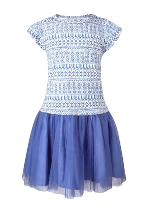 Sukienka z krótkim rękawem, z górą w białe i niebieskie geometryczne wzory oraz warstwową niebieską spódnicą z tiulu.
