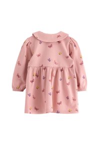 Rotes langärmeliges Kleid mit rundem Kragen, versehen mit einem Schmetterlingsmuster in Lila, Gelb und Pink. Weicher Stoff und gesmukter Taillendetail.