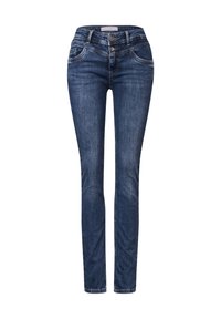 Hubené džíny z tmavě modrého denimu, s vysokým pasem, předními kapsami a zapínáním na dva knoflíky.