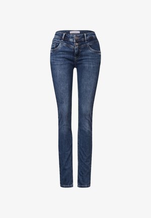Schmale Jeans aus dunkelblauem Denim, mit hohem Bund, Vorderentaschen und einem Knopfverschluss mit zwei Knöpfen.