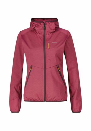 Zwei-tone Softshell-Jacke in Rot und Pink mit Kapuze, Frontreißverschluss und Reißverschlusstaschen, ausgestattet mit elastischen Bündchen und atmungsaktivem Material.