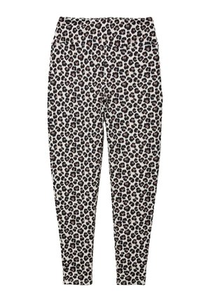 Leggings longs avec un motif léopard noir et marron sur fond blanc, dotés d'une large taille.