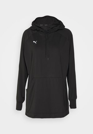Sweat-shirt à capuche noir avec manches longues, comprenant une poche kangourou et un petit logo blanc sur la poitrine. Tissu lisse et extensible.