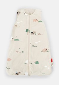 Creme-kleurige slaapzak met een rits aan de voorkant, voorzien van dierenillustraties (koeien, varkens, vogels) en groene accenten in een speelse stijl.