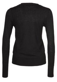 Svart långärmad tröja med rund halsringning, ribbad fåll och en slät, lätt textur. Enkel design utan mönster.